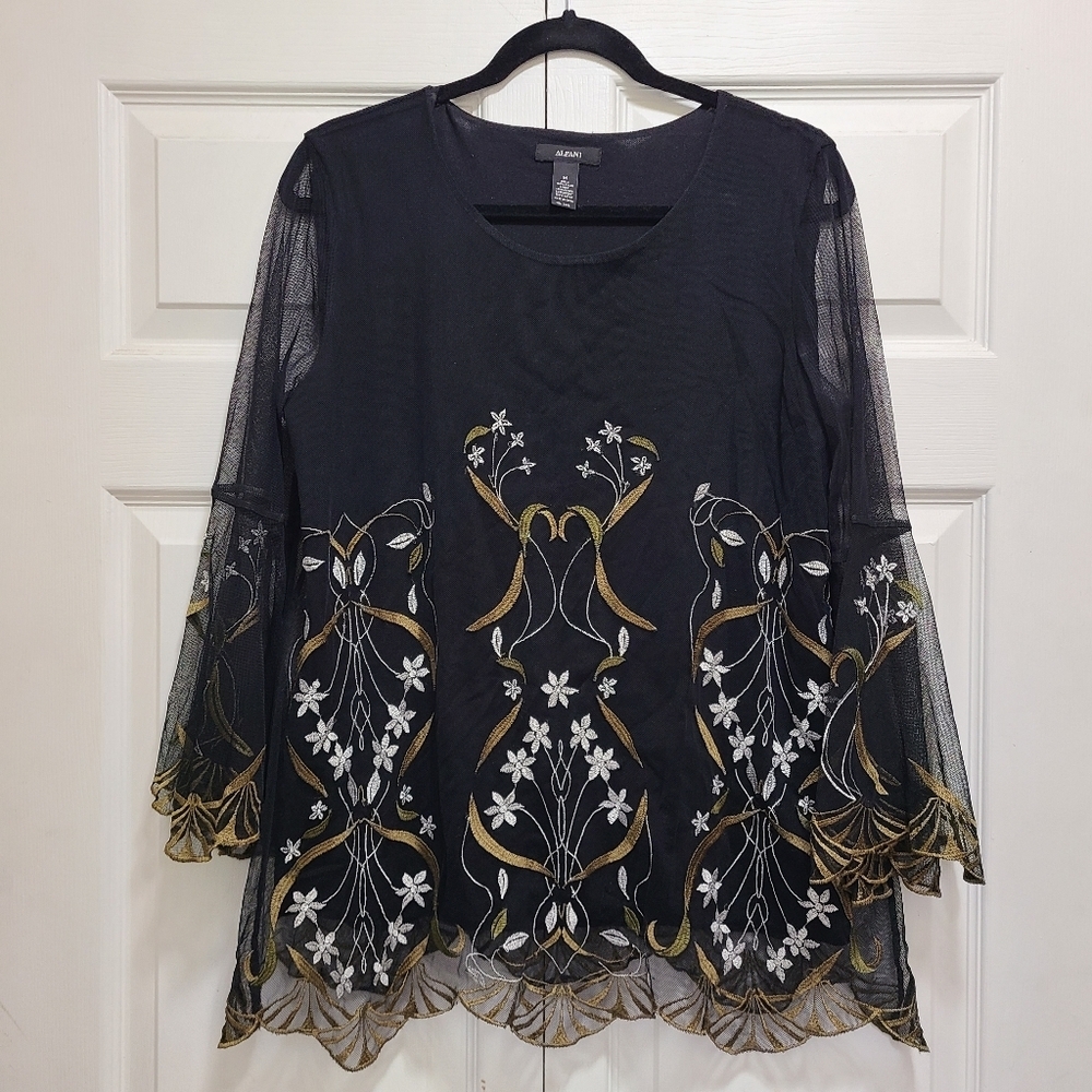 ALFANI‎ BLACK EMBROIDERY BELL SLEEVE SHEER TOP M